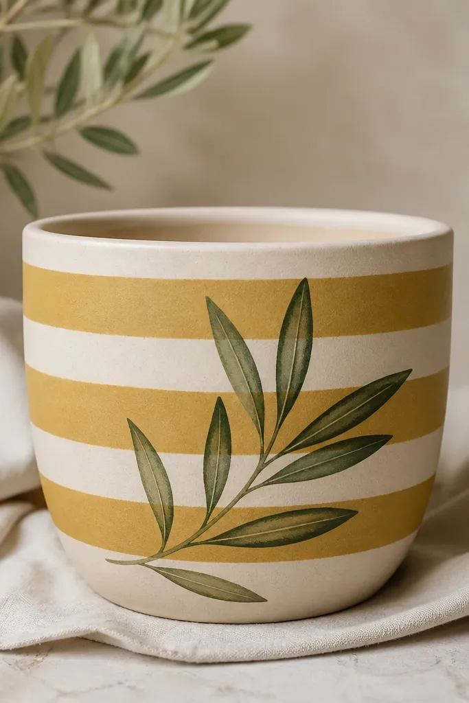 A beige pot with alternating mustard and cream horizontal stripes, plus one large olive leaf painted near the front.