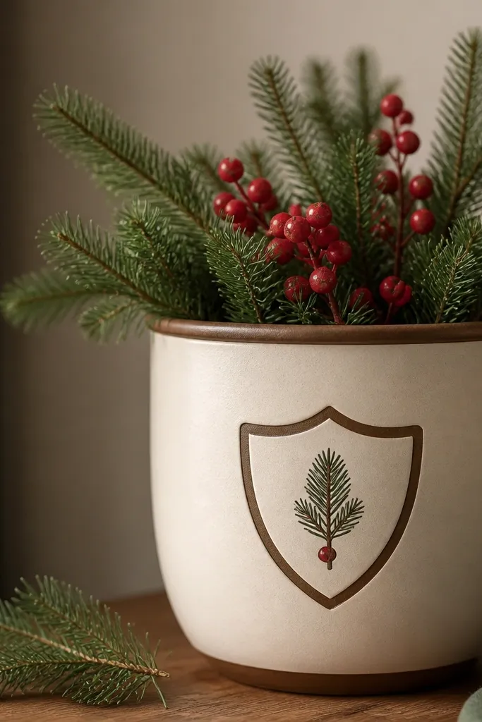 A pot with a thick warm border outline in brown around a simple shield shape in cream, filled with a small pine and berry dot.