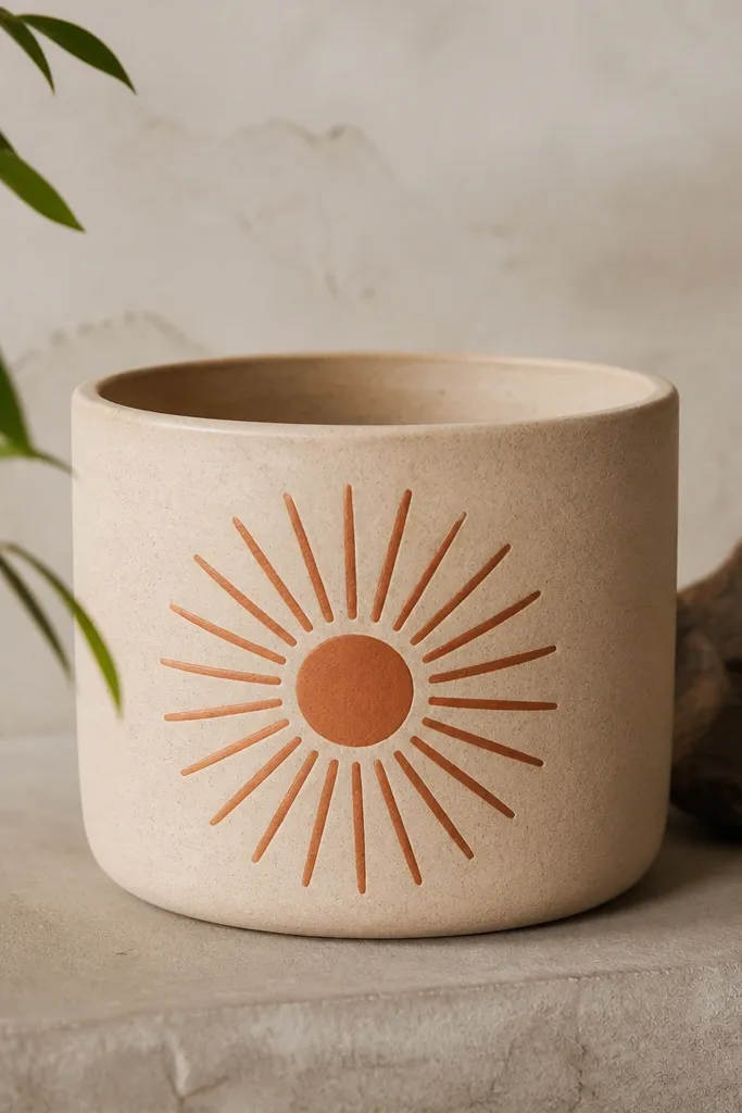 A sandy beige pot with a terracotta sunburst pattern radiating from a small circle near the center, with short, even rays.