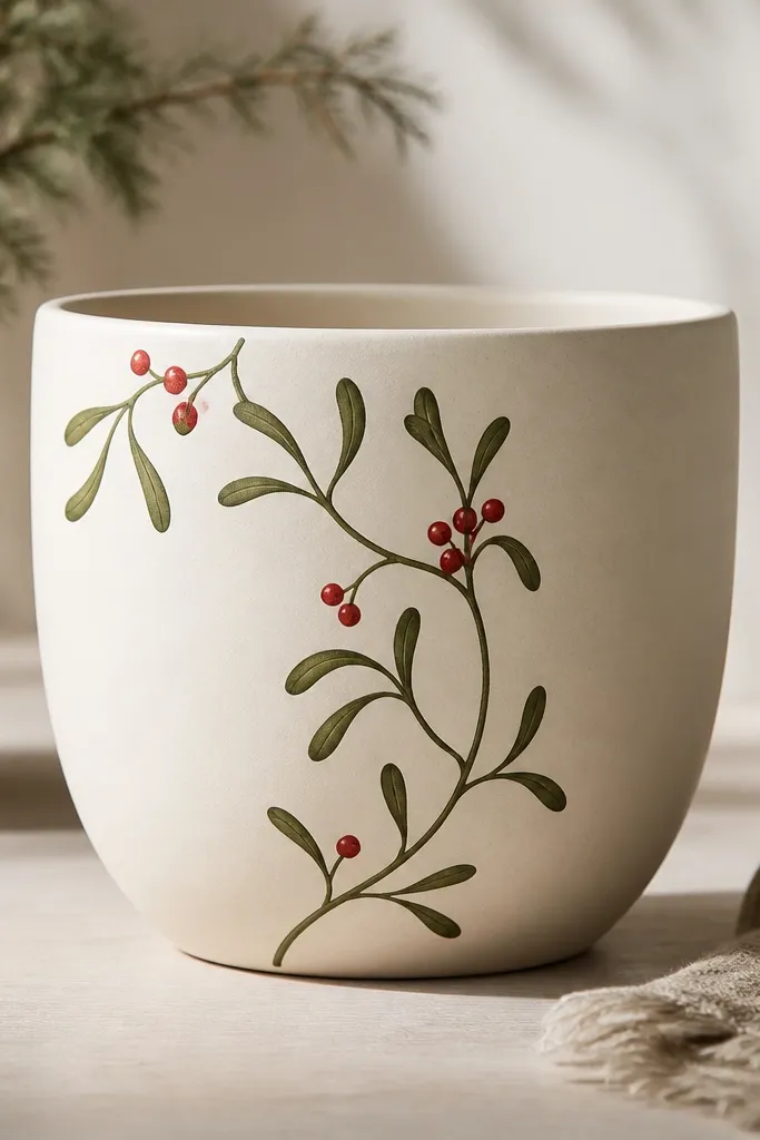A cream pot with a curved mistletoe vine painted in dark olive, ending in small red berry clusters near the top.