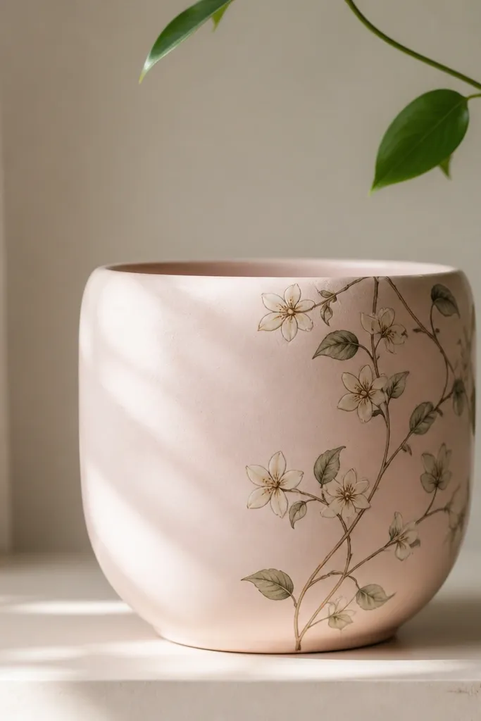 A pale pink pot with a vine painted along the right side, featuring small cream blossoms and muted green leaves.