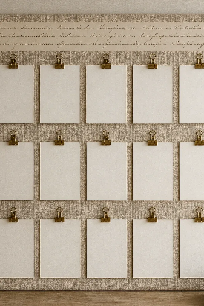 A rectangular board covered in oat-colored linen. Three horizontal rows of cream cardstock cards are held by small brass binder clips. A narrow strip of handwriting verse runs across the top in dark brown ink.