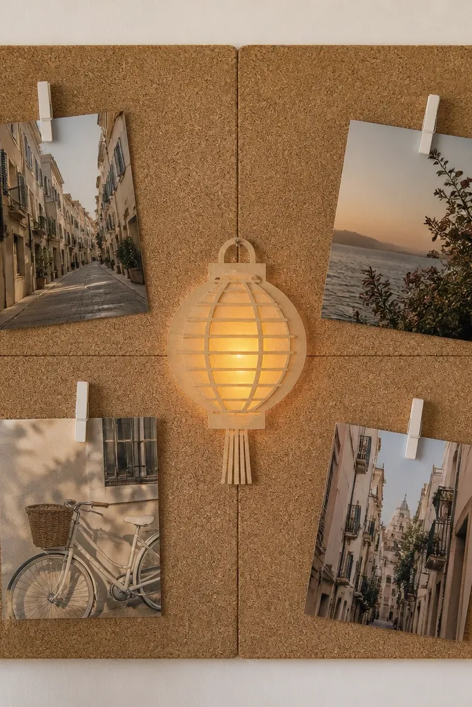 A corkboard made from four cork tiles in a grid. There are pinned photos with white clothespins. In the center sits a small paper lantern cutout with a warm amber light behind it.