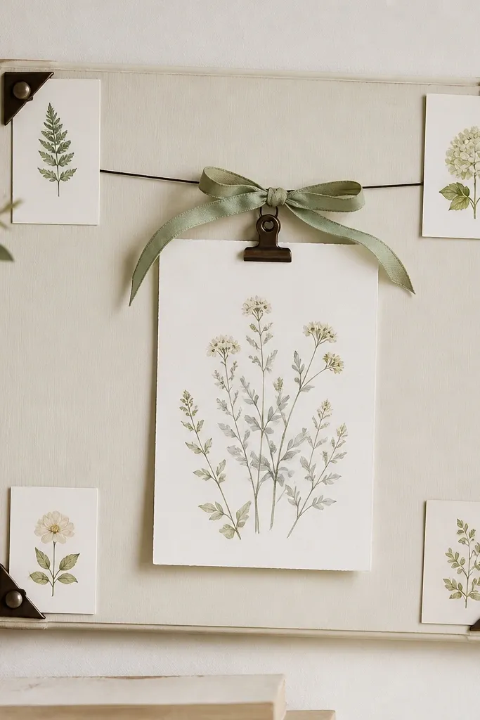 A matte painted wooden panel in warm off-white. In each corner, small magnetic corner plates hold mini cards. The center has one larger 5x7 verse print clipped to a thin wire and tied with a sage ribbon.