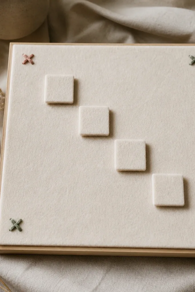 A board covered in cream felt. Four small felt squares sit like stepping stones. Each corner holds a tiny stitched cross patch in muted rose and sage thread.
