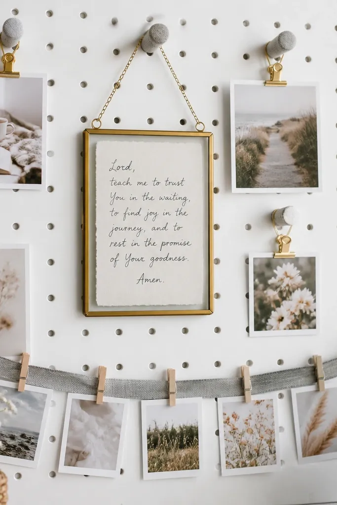 A white pegboard covered with small fabric-covered hooks. Tiny photo cards hang from clips, and a central hanging frame holds a handwritten prayer. A string of soft gray ribbon runs horizontally with mini clothespins.