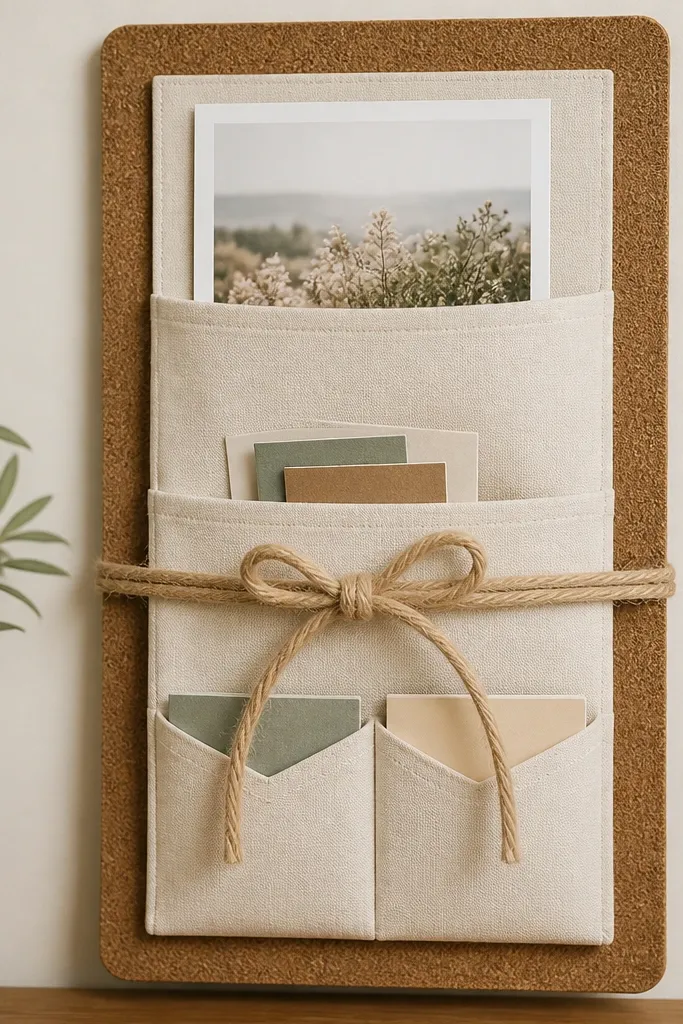 A cork or felt board with three vertical fabric pockets. The top pocket holds a 5x7 verse, the middle pocket holds small cards, and the bottom pocket is split into two envelopes labeled Today and Next. A warm beige twine bow ties the board together.
