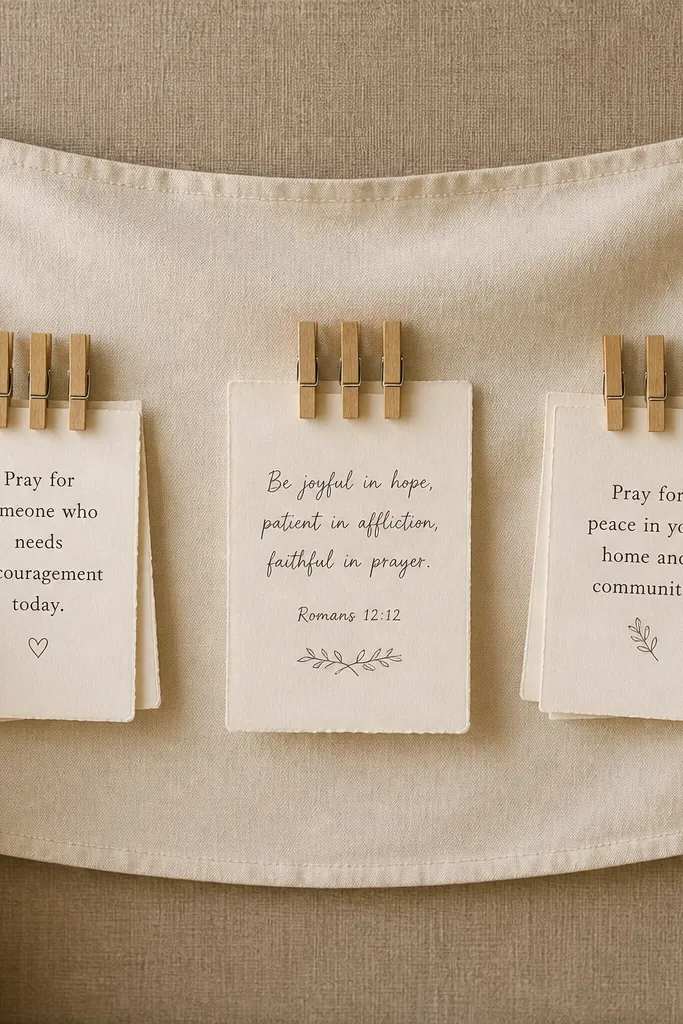 A cream fabric banner stretched across a board, with three clusters of clothespins holding cards. The central cluster has a handwritten verse, and side clusters hold short prayer prompts. The background is a warm neutral fabric with stitched edges.