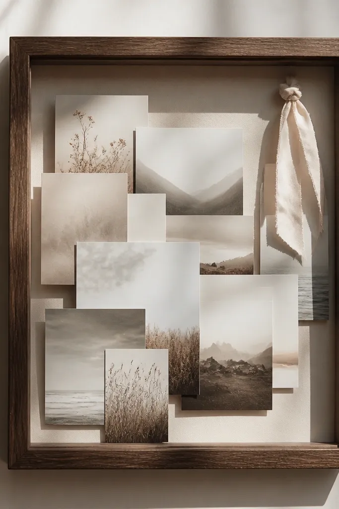A glass-front shadow box with cream backing. Multiple scripture cards are layered at different depths, separated by thin foam spacers. A small ribbon hangs in the top right.