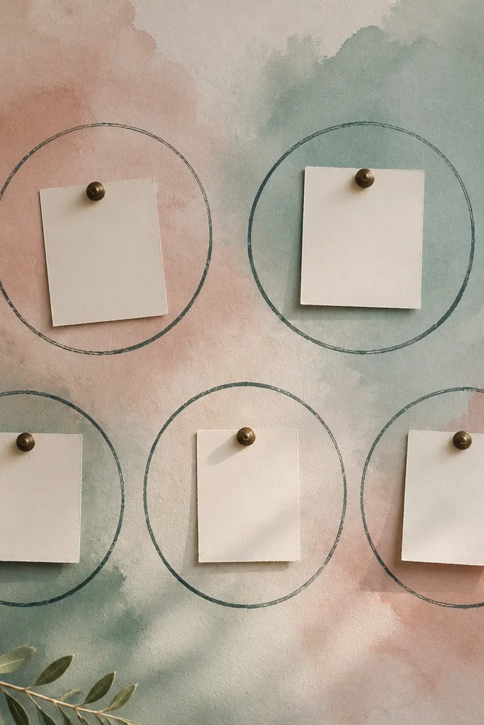 A matte watercolor wash background in dusty rose and soft teal. Five hand-drawn circles label stations like Family, Work, Health, Peace, and Gratitude. Small cards are pinned into each circle with dark bronze push pins.