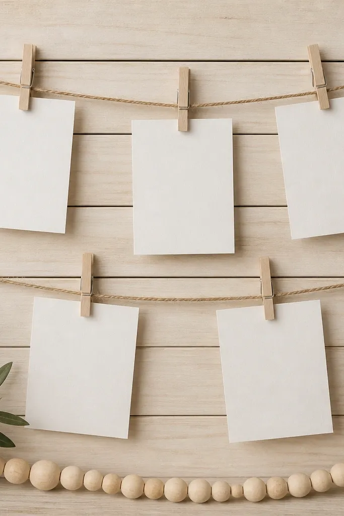 A board with light wood slats running horizontally. Two twine lines run across the board with clothespins holding small cards. A small wooden bead garland sits along the bottom.