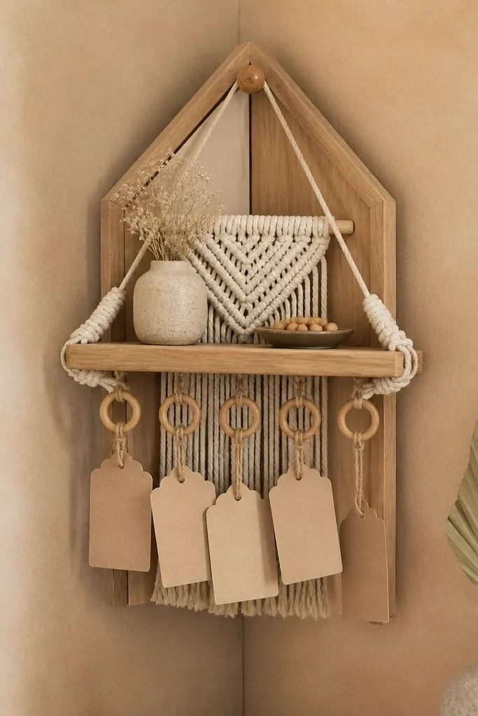 A corner wall board with a small macramé shelf suspended from a frame. Tiny cardstock prayer tags hang from the shelf with wooden rings. The background is warm beige paper.