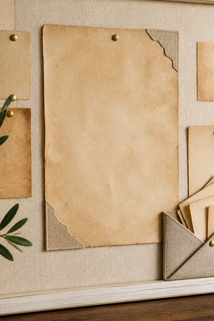 A cream cork or felt board covered with tea-stained paper rectangles. The main verse is on a larger tea-stained sheet with two layered corner tabs. Small prayer slips are tucked into a corner fold pocket.