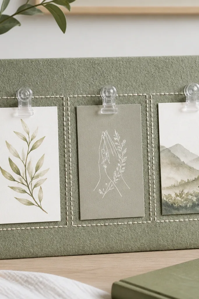 A sage felt board with three rectangular 'windows' outlined in simple embroidery stitches. Each window holds a card behind a clear acrylic clip. The center window has a handwritten prayer in white gel pen.