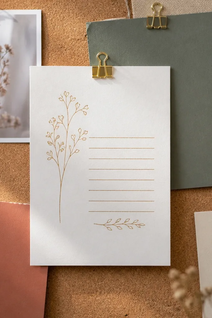 A corkboard with cards in dusty clay, sage, and cream. The main verse is written in gold pen on a 5x7 card. Small binder clips hold the edges of the cards.