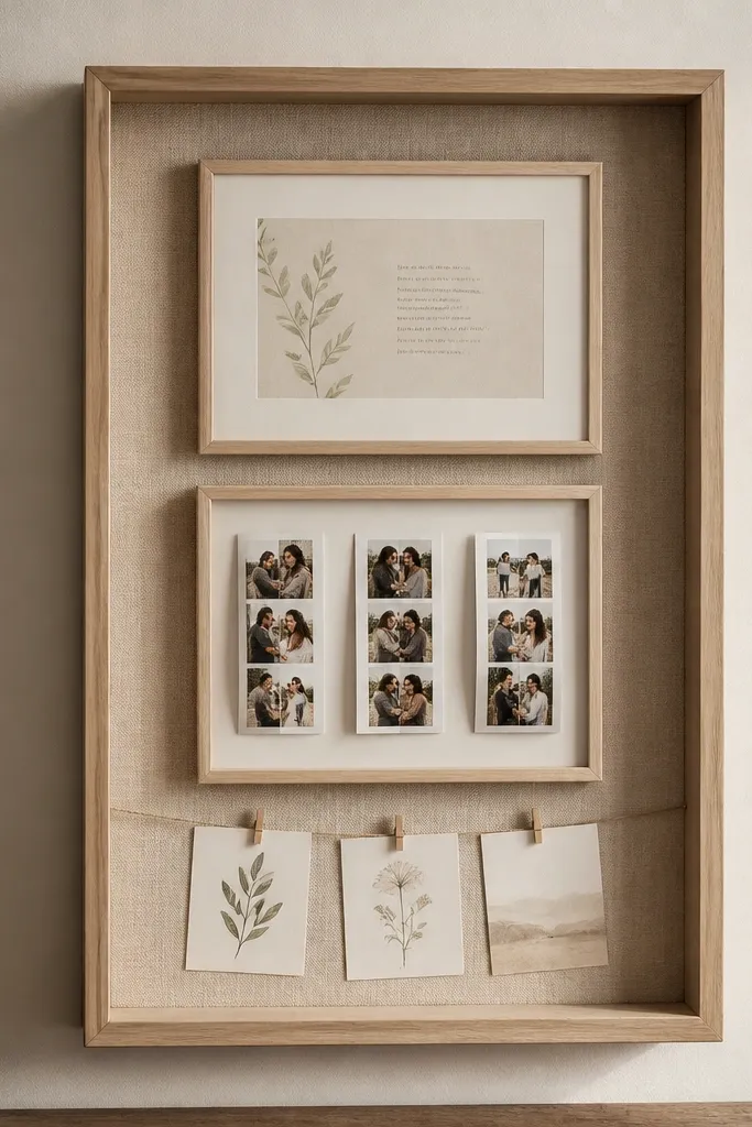 A shallow wooden shadow box on the wall. Inside are two stacked frames: top has a printed verse, bottom has small photo strips. The back is covered in linen paper, and a thin twine line holds three mini cards.