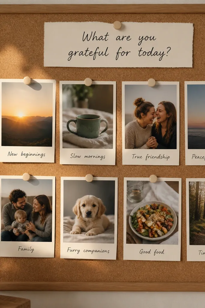 A corkboard with a polaroid-style photo collage. Each photo has a small label strip underneath with neat handwriting. The main label at the top reads a gratitude prompt.