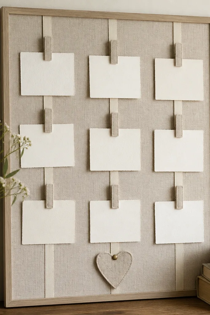 A linen-covered board with three vertical ribbon lanes. Each lane has small linen-covered clips holding weekly request cards. A small heart cutout is pinned near the bottom.