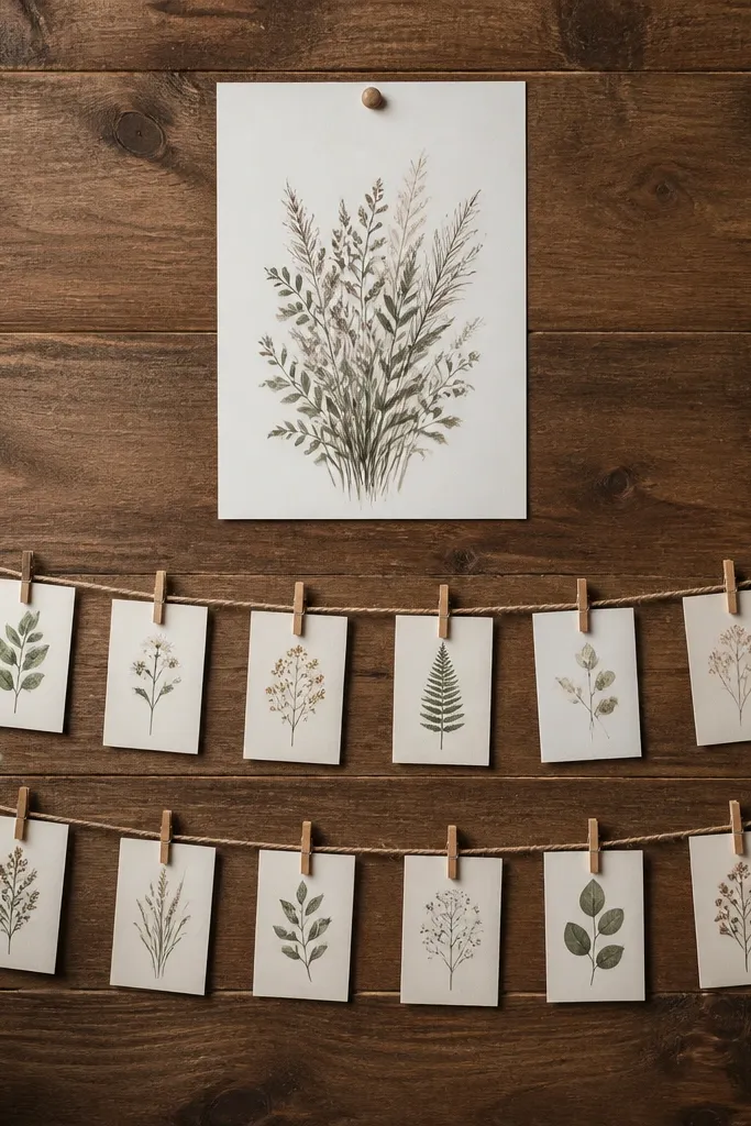 A stained wood plank with two rows of twine. Mini cards hang from small wooden pegs. One larger 8x10 verse print is pinned at the top center. The background looks warm walnut with matte finish.