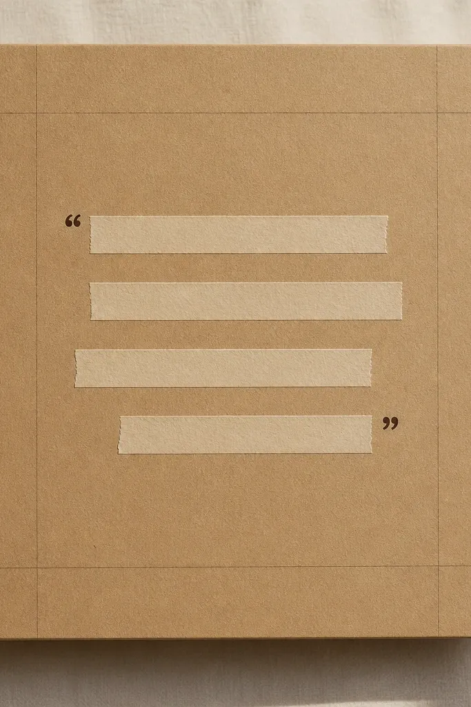 A kraft paper board with a simple grid drawn in pencil. Thin strips of tape form quote lines, and the final quote is written in dark brown ink. The edges are clean and unfrayed.