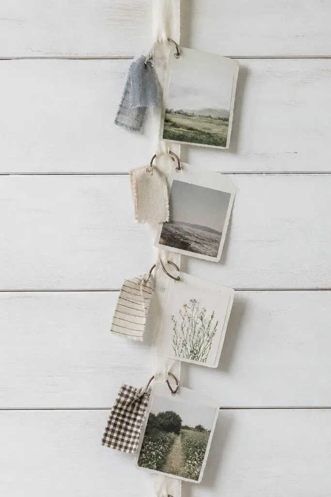 A whitewashed board painted like shiplap stripes. A thick cream ribbon runs vertically down the center like a spine. Cards and small fabric tags hang from the ribbon with mini rings.
