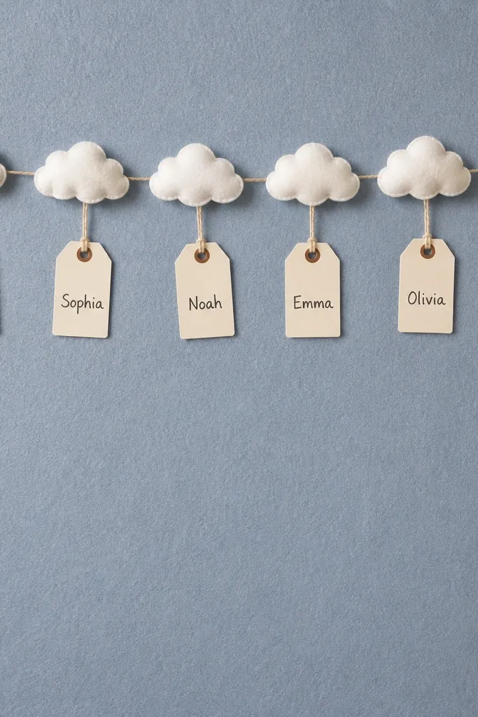 A felt background with a chain of small felt clouds across the top. Under each cloud hangs a paper tag with a name written in black ink. The board is mostly empty space.