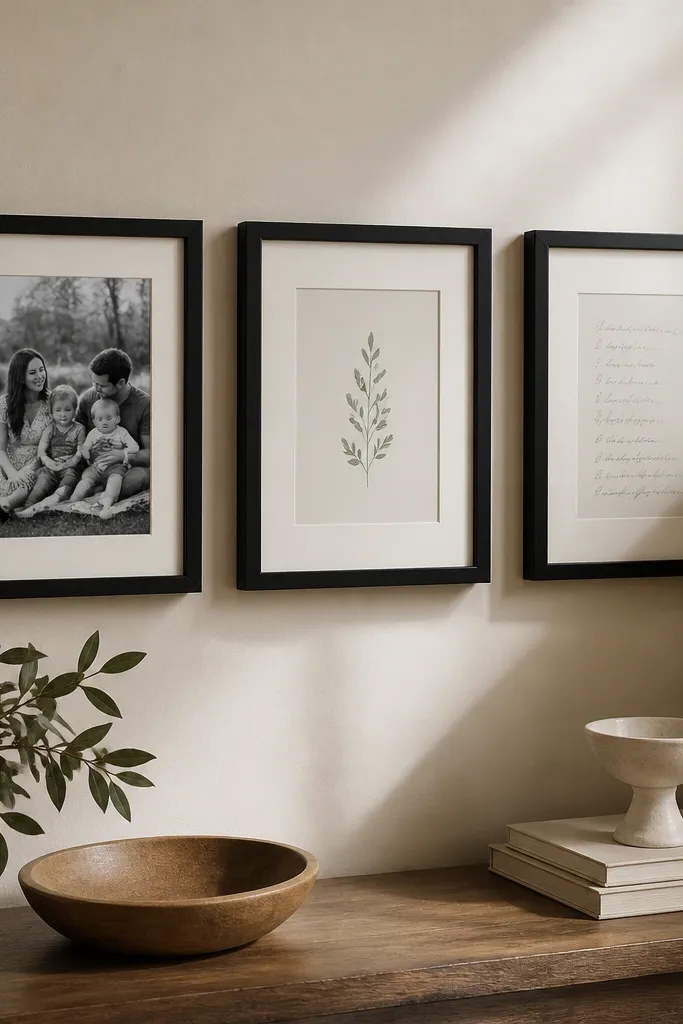 A small grouping of three frames on a neutral wall. The center frame holds a 5x7 verse, the left frame holds a grayscale family photo, and the right frame holds a prayer list in cursive. Frames are matte black with cream mats.