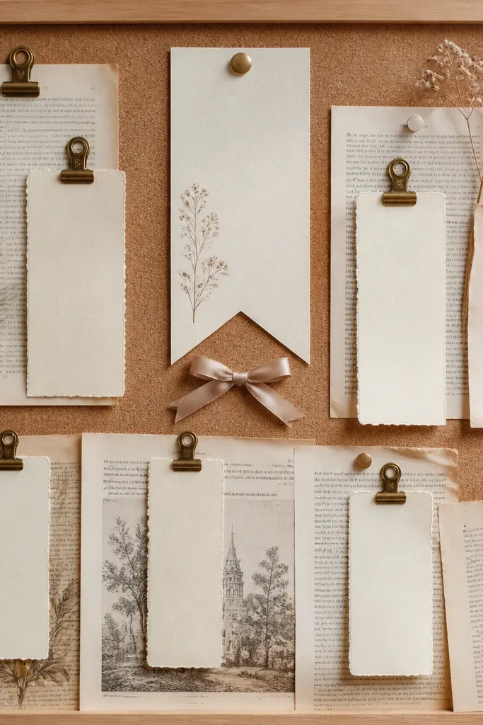 A cork board covered in vintage book pages. At the top center is a bookmark-shaped verse card. Several bookmark clips hold short prayer lines, and a small ribbon bow sits under the main verse.
