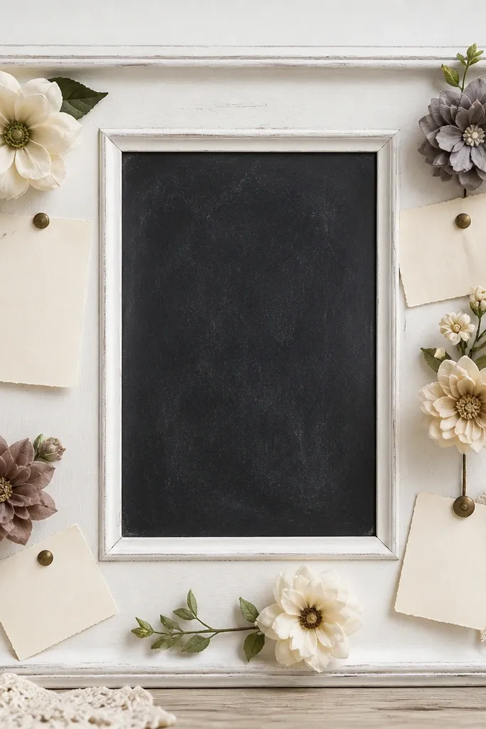 A white frame with a small blackboard panel in the center. Around it are pinned fabric flowers and cream cards. The blackboard has a weekly verse written in white chalk.