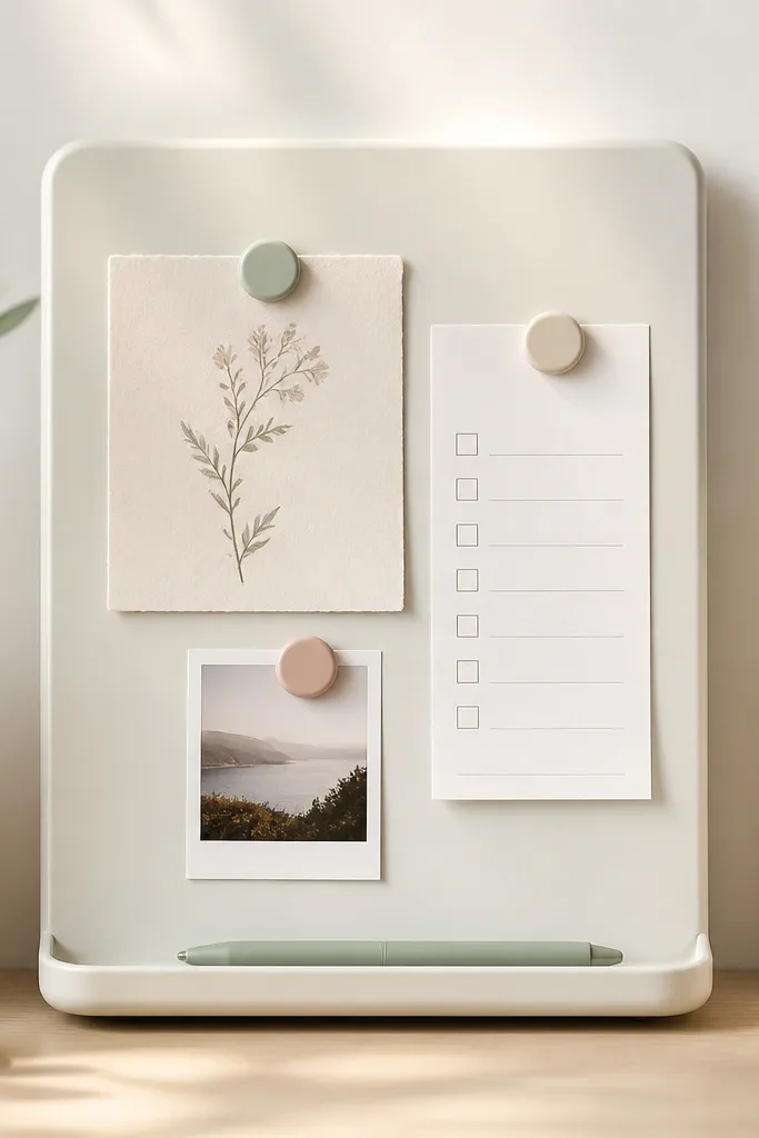A small off-white magnetic board. Pastel magnets hold a handwritten verse card, a daily check box list, and a tiny photo. A single sage-colored pen rests in a tray at the bottom.