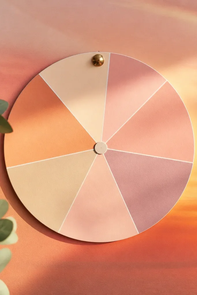 A circular paper wheel pinned to a board. The wheel has segments labeled with request categories. Behind it is a sunset gradient background in peach, blush, and dusty orange.