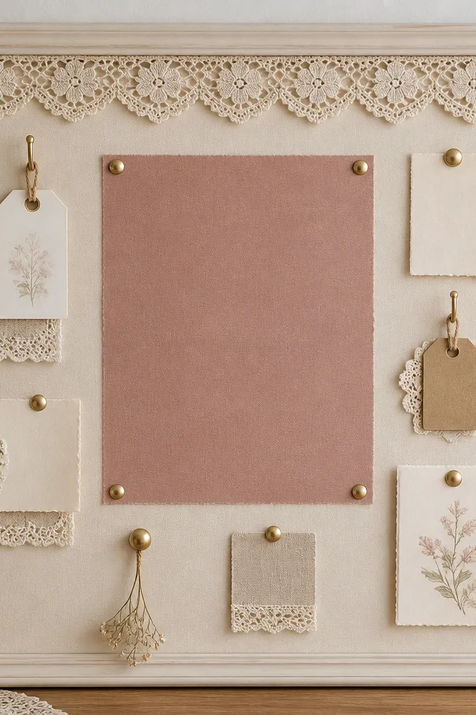 A cream board with a dusty rose background panel behind the center verse. A lace trim runs along the top edge. Small lace-backed cards and tags hang from tiny hooks, with gold-toned push pins.