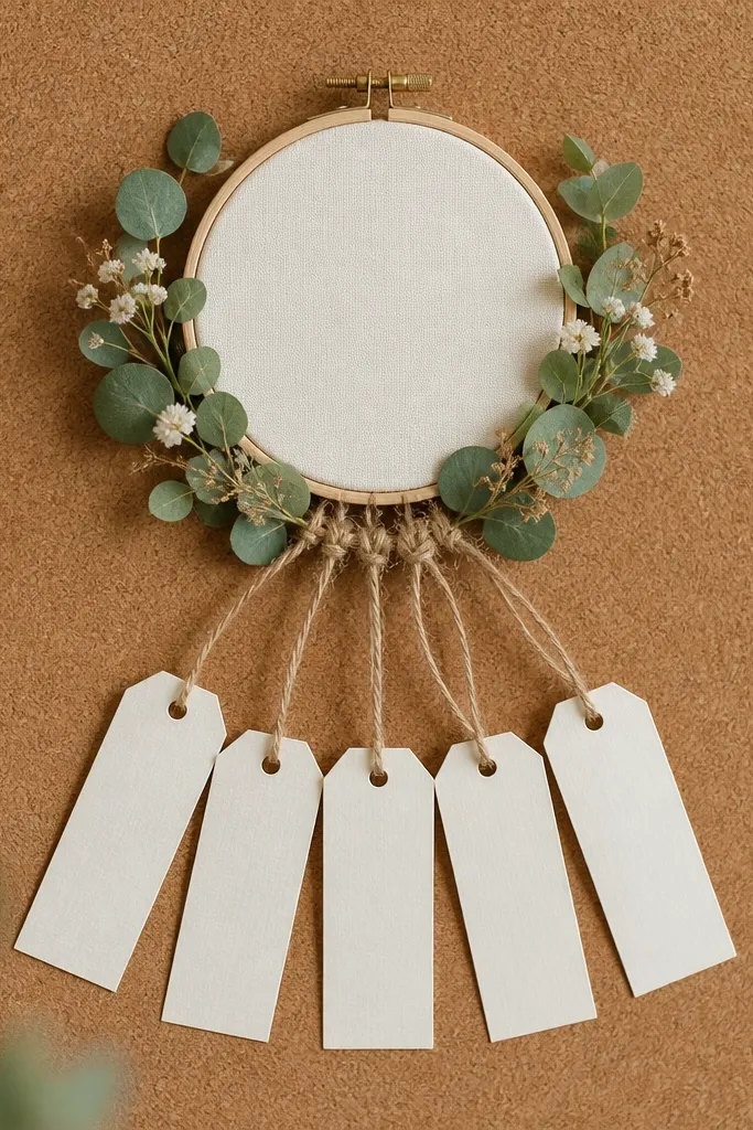 A small embroidery hoop on a corkboard. Fake eucalyptus and tiny dried flowers wrap the hoop. Several scripture tags hang from the bottom with twine.