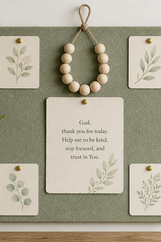 A sage felt board with a small loop of twine holding a string of wooden beads. A center card reads a short prayer, and four corner cards sit like anchors. The beads hang slightly above the cards.