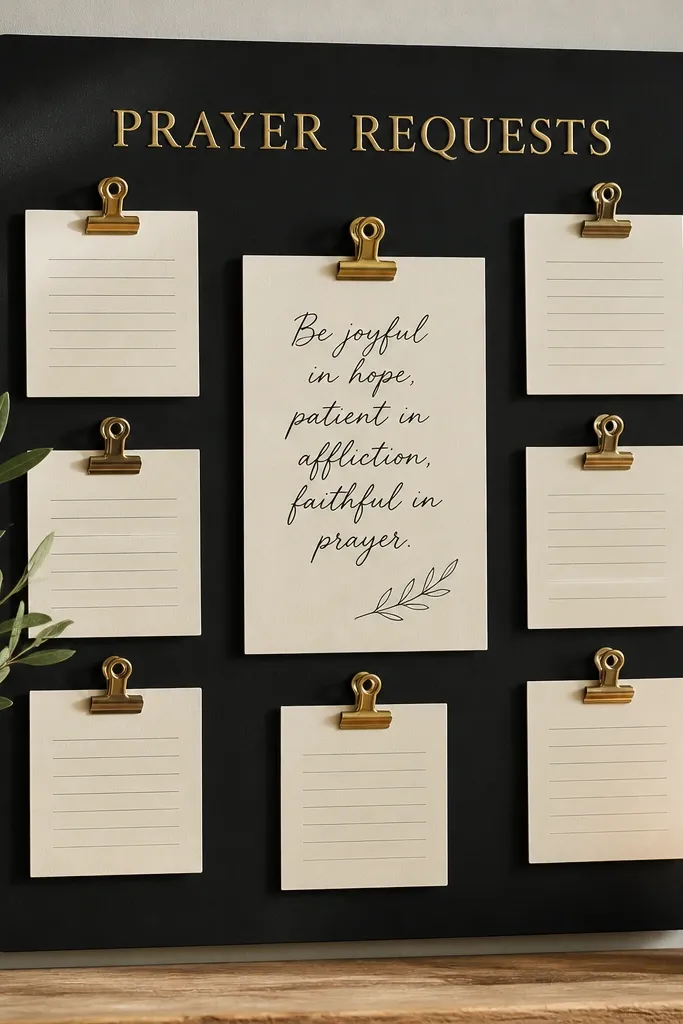 A matte black board with cream cardstock cards. Gold foil letters form a title at the top, and small gold binder clips hold prayer requests. The center has a cream card with a handwritten quote in black ink.