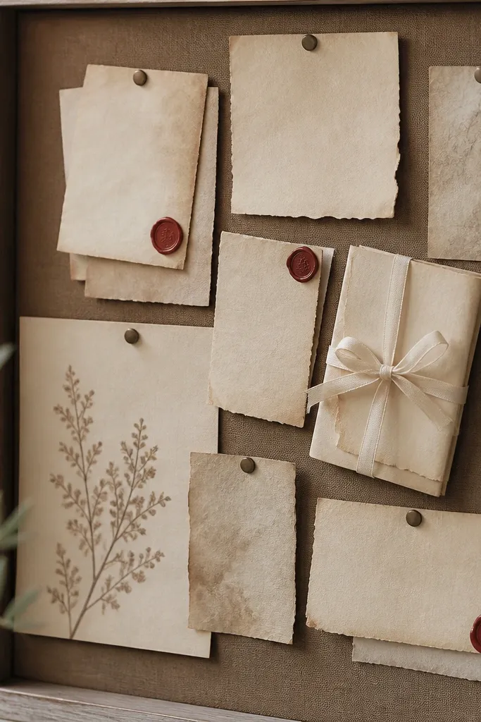 A board with tea-stained paper pieces pinned like letters. Several prompts have small wax seals in muted red placed over the corners. A cream ribbon ties one letter.