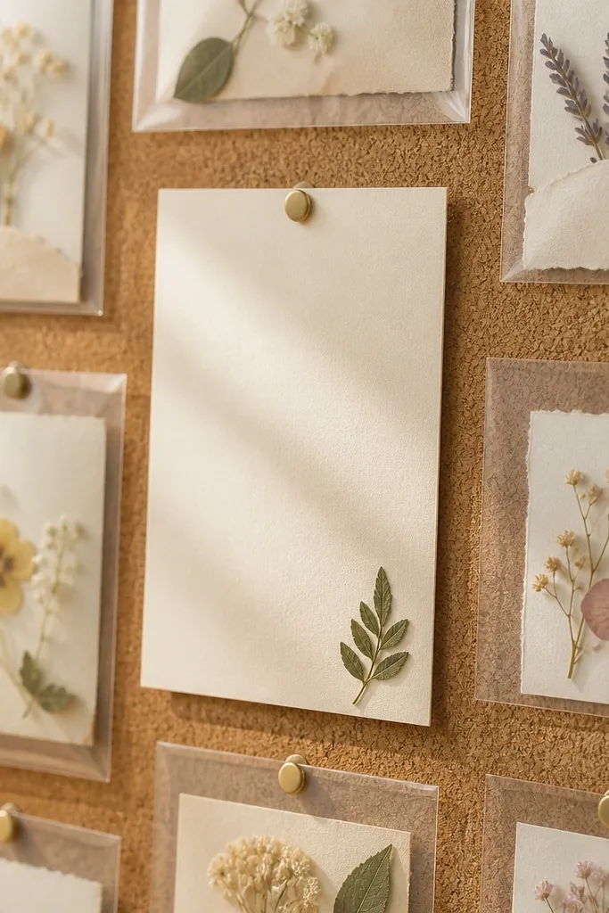 A cork board with pressed flowers in small clusters behind translucent acetate sleeves. Each sleeve holds a short prayer line card. The main verse is on a cream card with a small pressed leaf at the bottom.