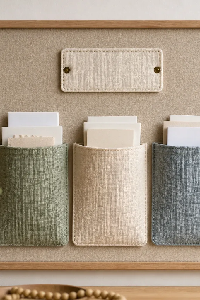 A felt or linen board with stitched fabric pockets. Each pocket holds a folded prayer note. A small label card at the top says Gratitude, Requests, and Answers.