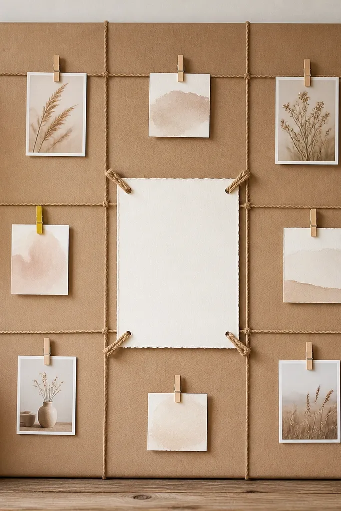A kraft paper-covered board with a simple twine grid drawn across it. Small cards are clipped at grid intersections. The center has a 5x7 verse card attached with twine knots.