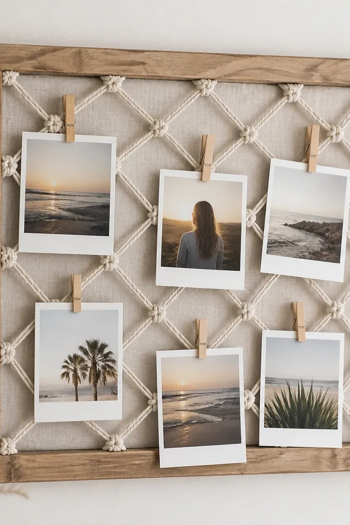A small macrame net panel attached to a board. Photos hang from the net using wooden clothespins. A neutral fabric backing keeps the net from looking busy.