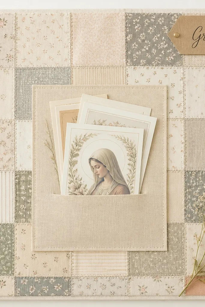 A cream board covered with small fabric squares stitched in a patchwork style. In the top right corner, a label reads 'Grace' on kraft cardstock. Prayer cards sit in the center on a larger fabric rectangle.