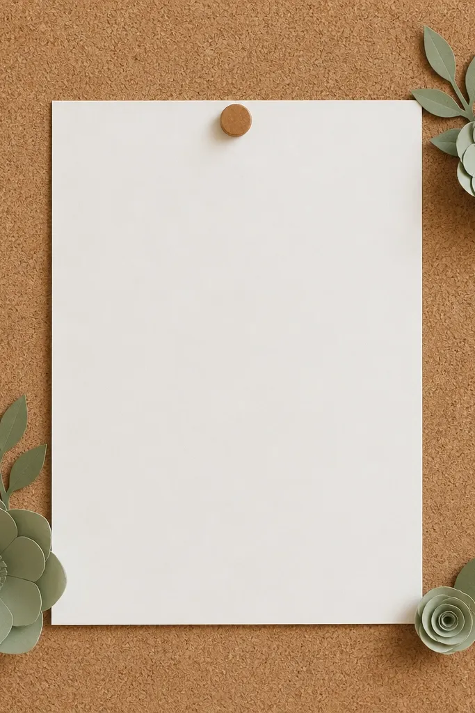 A corkboard with a large 8x10 verse card centered. Around it are a few sage paper flowers and small leaf cutouts. The rest of the board is mostly empty.