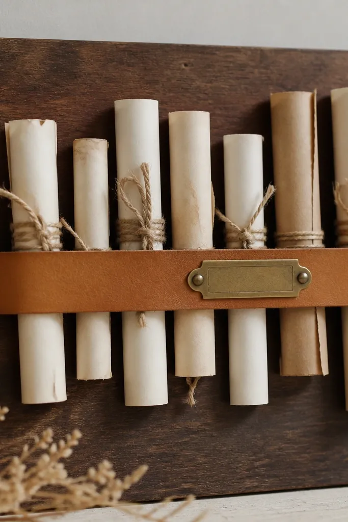 A board with a wide tan leather strap running horizontally. Several small rolled paper scrolls are tied with twine and slid under the strap. A small brass label sits on the strap.