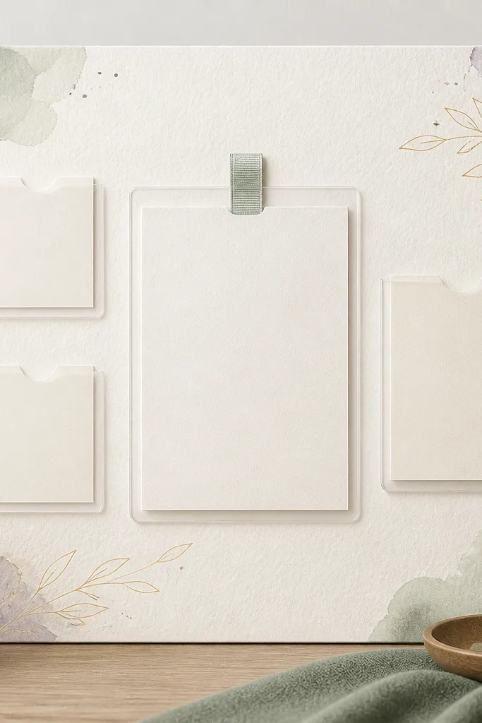 A board with a printed background that looks like watercolor paper. Over it are matte laminated pockets in three sizes. Cards slide into pockets, and the center pocket holds a 5x7 verse card with a small ribbon tab.