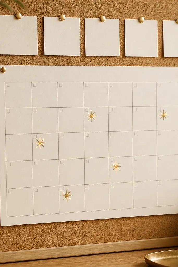 A corkboard with a monthly calendar grid. Gold foil starbursts mark key days. Above the calendar are small cream cards held by thumbtacks.
