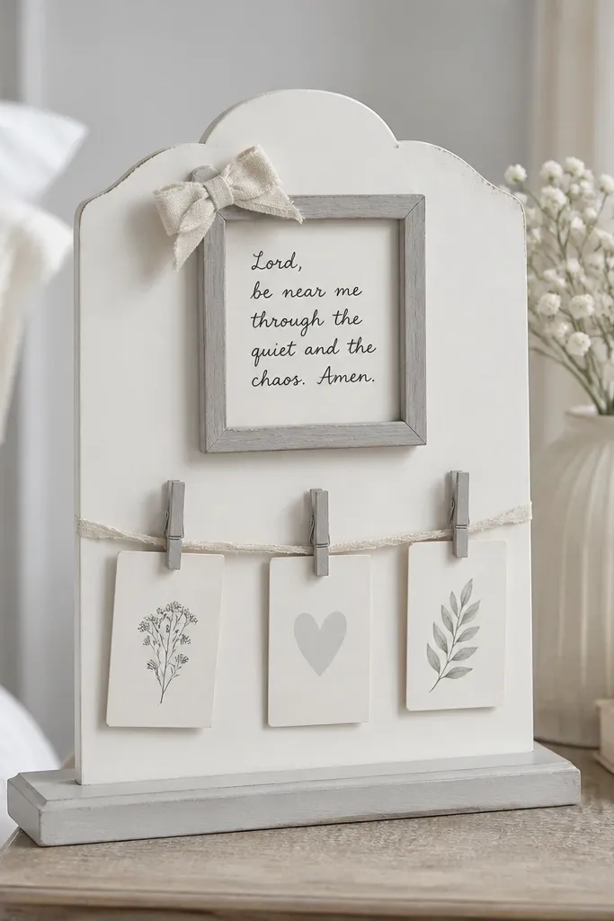 A small bedside prayer board on a wood stand. A mini frame holds a handwritten prayer, and three mini clips hang small cards from a ribbon line. Colors are cream and light gray with a tiny fabric bow.