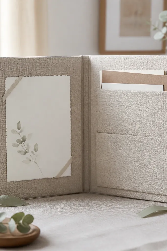 A foldable board made from two panels, wrapped in linen fabric. When opened, it shows two sections: left has a verse card, right has pockets for prayer requests. Ribbon ties hold it closed like a book.