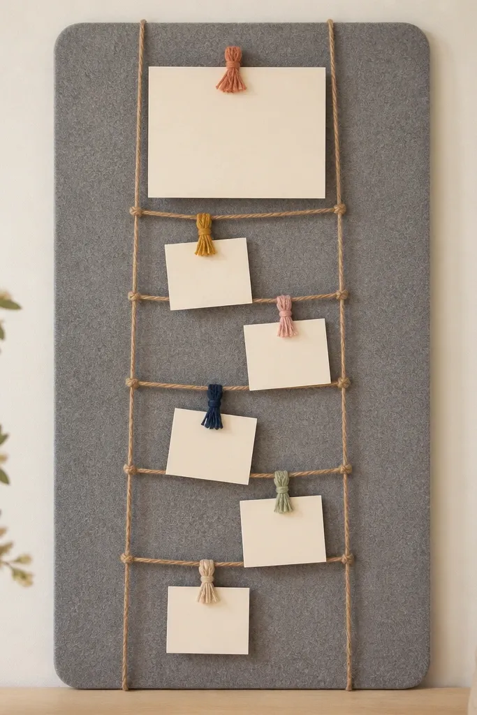 A felt board with a vertical ladder made from thin twine. Small gratitude cards hang on tiny yarn tassels. A single larger card sits at the top rung.
