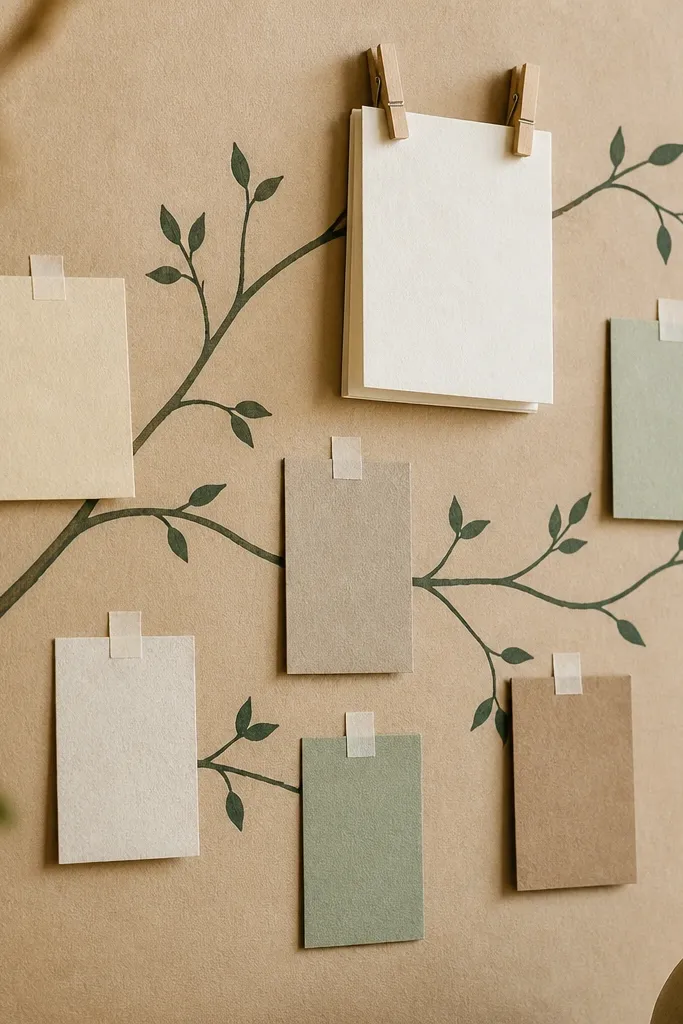 A branch silhouette printed in muted green on kraft paper. Small prompt cards are taped along the branch with narrow beige tape. A few clothespins hold one thicker card near the top.