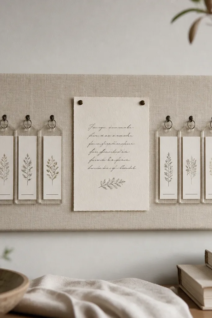 A linen-covered board with a row of clear acrylic tags attached by thin metal rings. Each tag has a printed promise card inside. The center has one larger handwritten verse on cream cardstock.